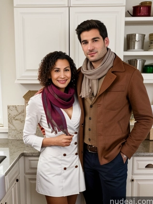 arafed couple standing in a kitchen with a stove and a sink