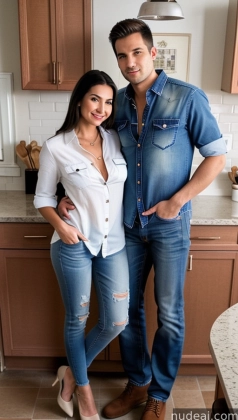 araffes and a woman standing in a kitchen next to a counter