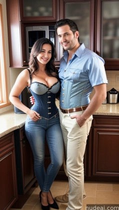 there is a man and woman standing in a kitchen together