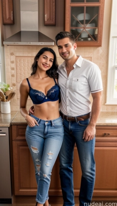 araffes in a kitchen with a man and a woman posing for a picture