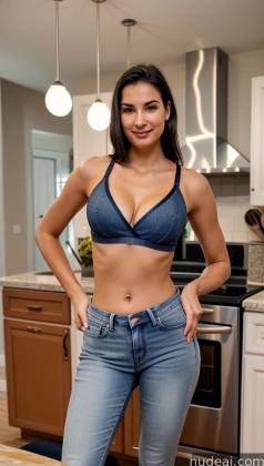arafed woman in a blue bikini top standing in a kitchen