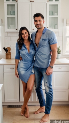 arafed couple in a kitchen posing for a picture