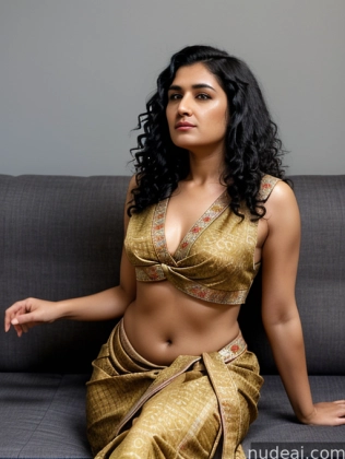 araffe woman sitting on a couch with a gold sari