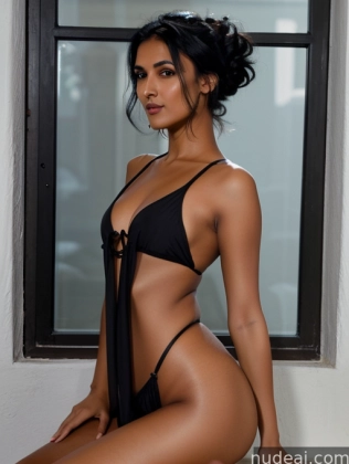 araffe woman in a black bikini sitting on a ledge