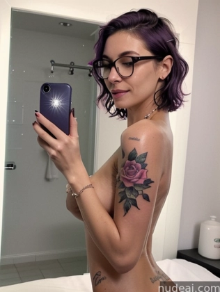 arafed woman with glasses taking a selfie in a bathroom