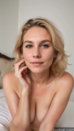 blond woman with big breast sitting on a bed with a white sheet