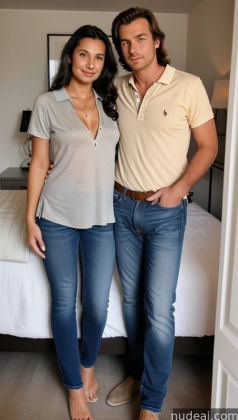 they are standing in a bedroom with a bed and a white bed