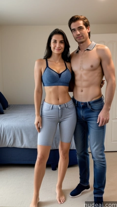 there is a man and woman standing next to each other in a bedroom