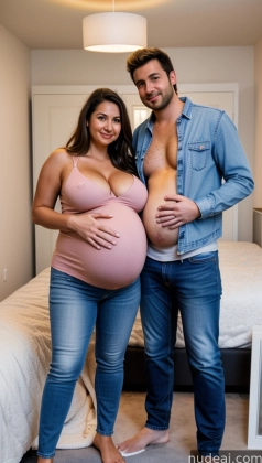 pregnant couple posing in bedroom with bed and white bedding