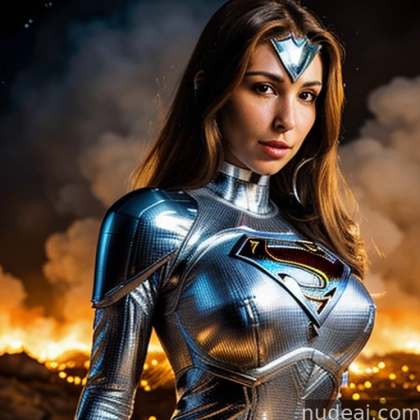 a woman in a silver suit standing in front of a fire