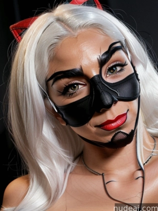 araffe woman with white hair and black cat mask and red bow