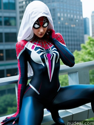 spider - man in a black and white suit posing on a balcony