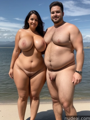 arafed couple posing for a picture on the beach with their naked body