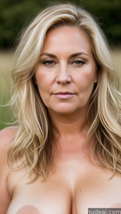 blond woman with big breast posing in a field of grass