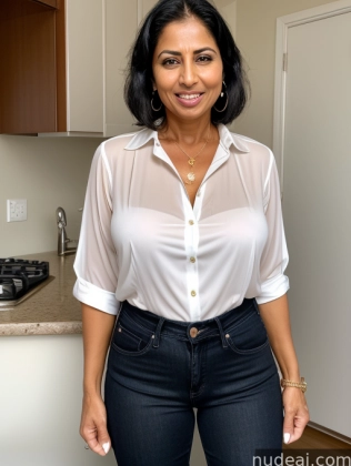 there is a woman standing in a kitchen with a white shirt
