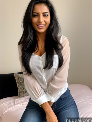 smiling woman sitting on a bed with a white shirt and jeans