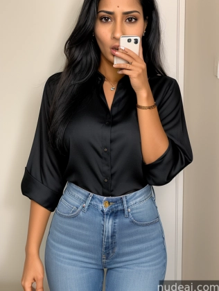 araffe woman taking a selfie in a black shirt and jeans