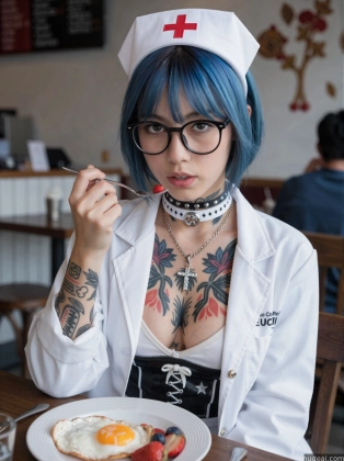 arafed woman with blue hair and a white shirt eating breakfast
