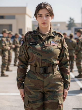 there is a woman in a military uniform standing in a parking lot