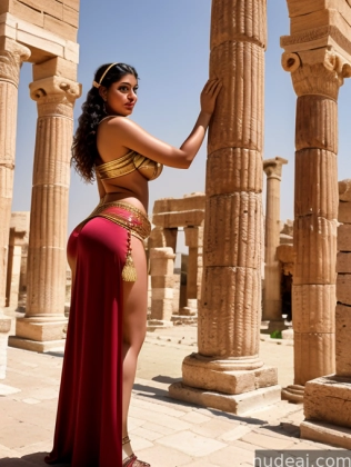 araffe woman in a red skirt standing in front of a column