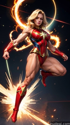 a woman in a red and gold costume is flying through the air
