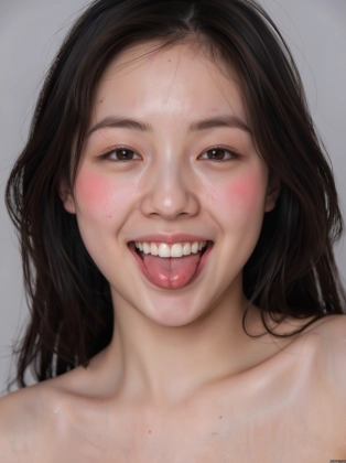 arafed asian woman with a pink lip and a white shirt