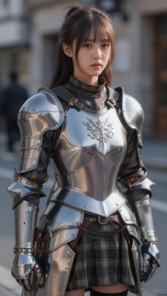 woman in a silver armor outfit standing on a city street