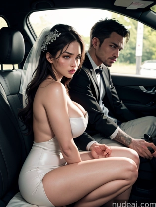 arafed bride and groom sitting in a car with their hands on the steering wheel