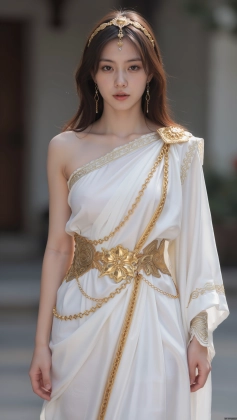 araffe woman in a white dress with gold chains and a gold belt