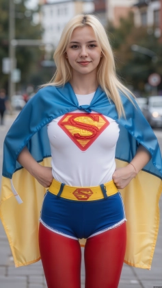 blonde woman in superman costume posing for a picture on a city street