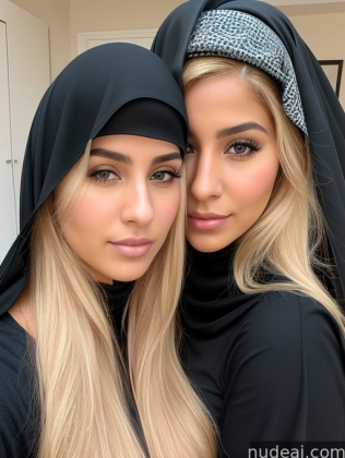 two women in black headscarves pose for a picture