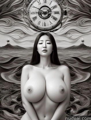 arafed woman with a clock above her head and a large breast