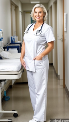 smiling nurse standing in hospital hallway with medical equipment