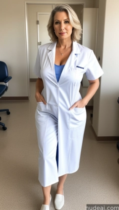 arafed woman in a white lab coat and blue top standing in a room