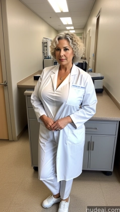 arafed woman in white lab coat standing in a hospital hallway