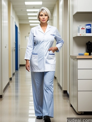 arafed woman in a white lab coat standing in a hospital hallway
