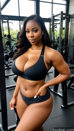 arafed woman in a black bikini posing in a gym