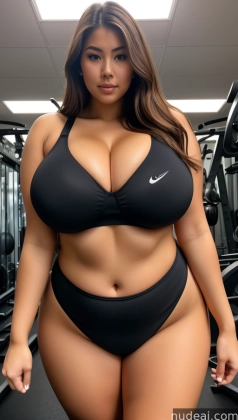 arafed woman in a black bikini posing in a gym