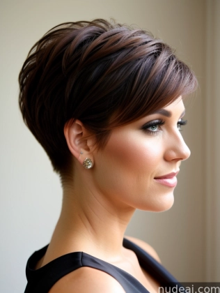 arafed woman with short brown hair and earrings looking away