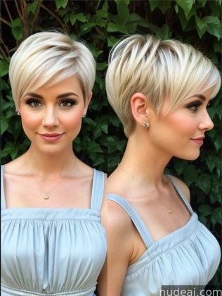 a close up of a woman with a short blond haircut