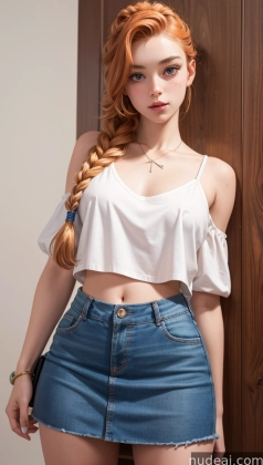there is a woman with long red hair wearing a white top and denim shorts