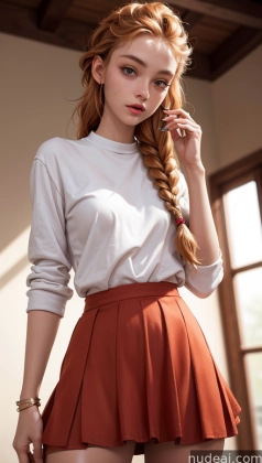 there is a woman with long red hair wearing a skirt