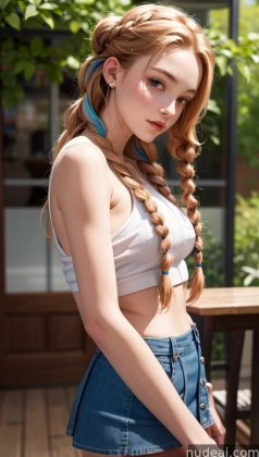 there is a woman with long hair wearing a white top and blue shorts