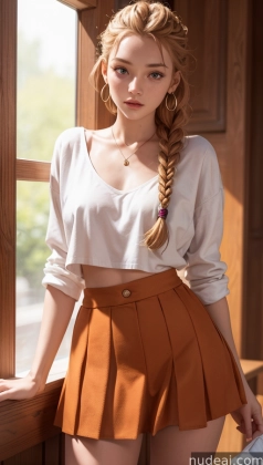 arafed woman with long hair wearing a white shirt and brown skirt