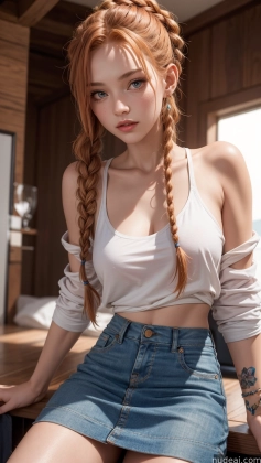 there is a woman with long red hair sitting on a table