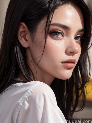arafed woman with long black hair and blue eyes looking at the camera