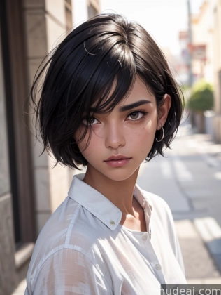 arafed woman with short black hair and a white shirt