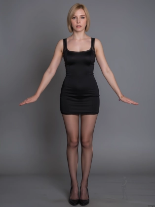 arafed woman in a black dress and stockings posing for a picture