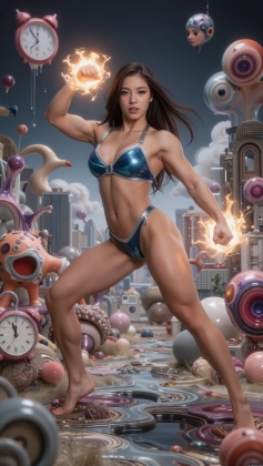 arafed woman in a bikini posing in a city with clocks