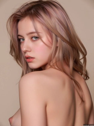 nude woman with pink hair and blue eyes posing for a picture